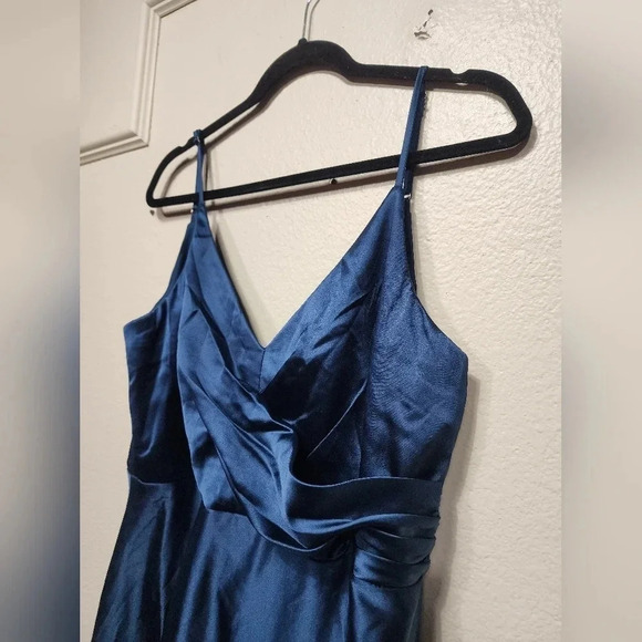 Lulus Shades of Love Teal Blue Satin Faux-Wrap Maxi Dress Wedding Party Prom - Picture 9 of 12